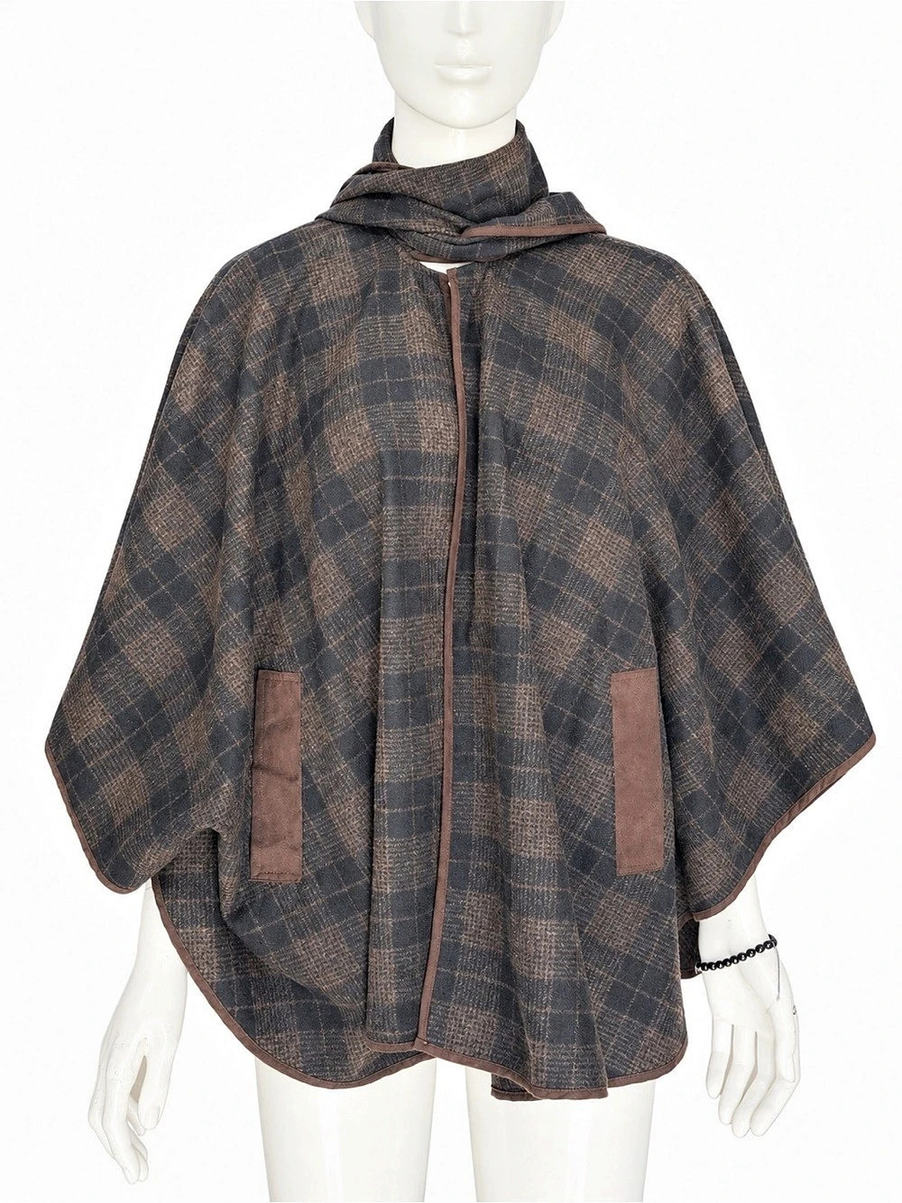 Aryn K Plaid Cape in Brown & Black